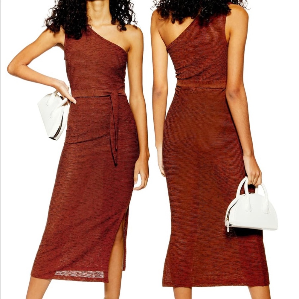 Topshop Texture Stripe One Shoulder Midi Dress